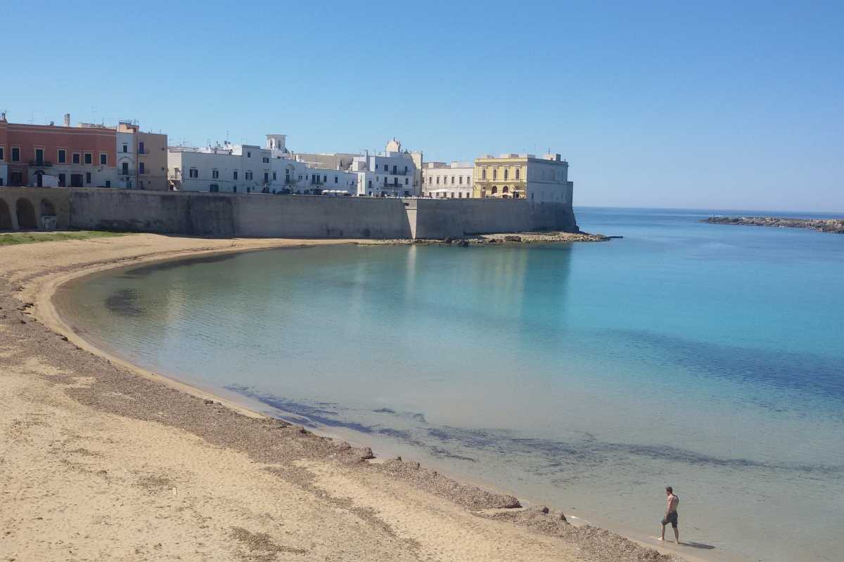 Scena notturna di una sagra enogastronomica estiva a Gallipoli: tavoli all’aperto, gente che degusta piatti tipici, luci calde e stand colorati. Atmosfera accogliente e conviviale.