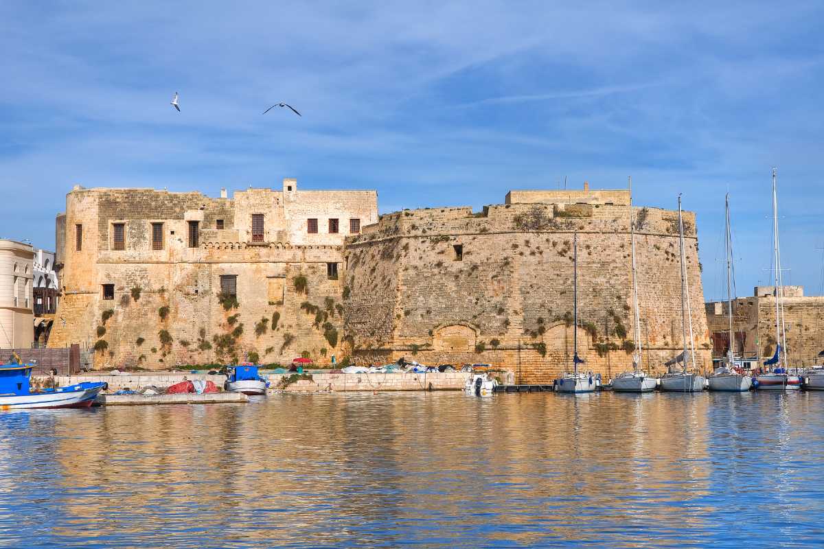 Scorcio del centro storico di Gallipoli addobbato per una festa patronale serale, con luminarie, persone in abiti tradizionali e bancarelle tipiche. Atmosfera gioiosa e coinvolgente.